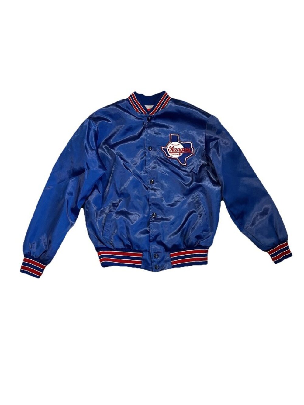Vintage Texas Rangers Satin Bomber Jacket Swingster MLB Size XL USA Made Blue